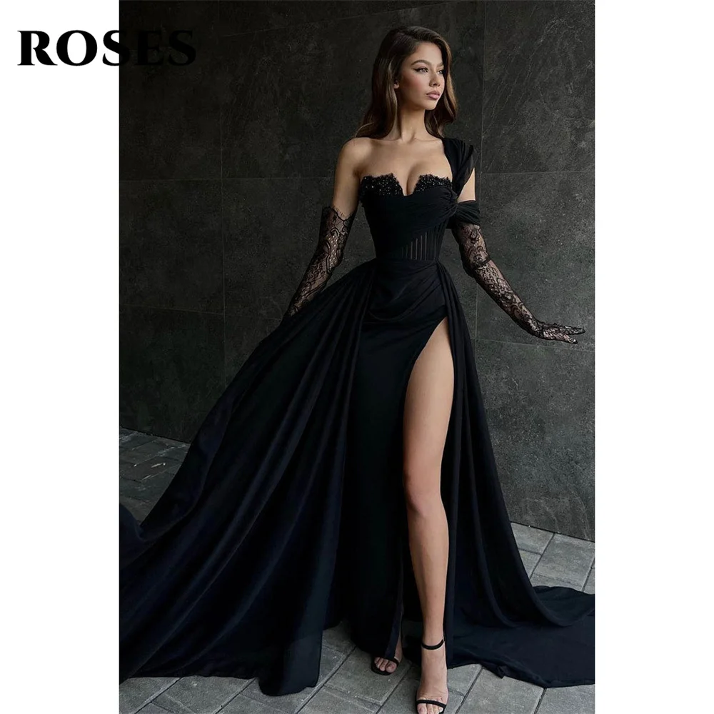 ROSES Black Stain Chic Woman Evening Dress Gown One Shoulder Lace Ball Gown Side Split Mermaid Night Dresses Gown robe de soirée