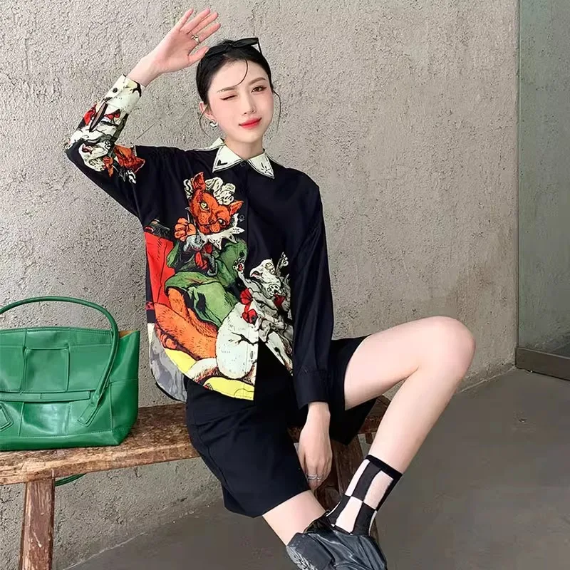 

Retro Loose Shirt Women'S Spring And Autumn Medieval Illustration Design Irregular Printed Long Sleeved Shirt