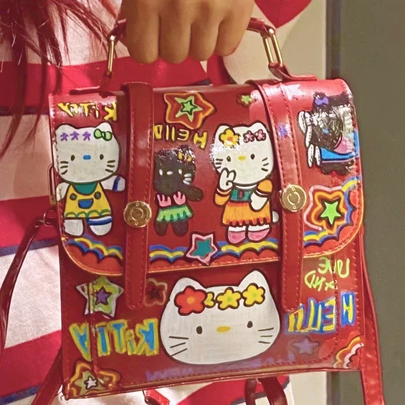 

Школьный портфель Sanrio Hello Kitty в стиле ретро, нишевый рюкзак в стиле граффити, для студенток, с двойным плечом, ярко-красная серия
