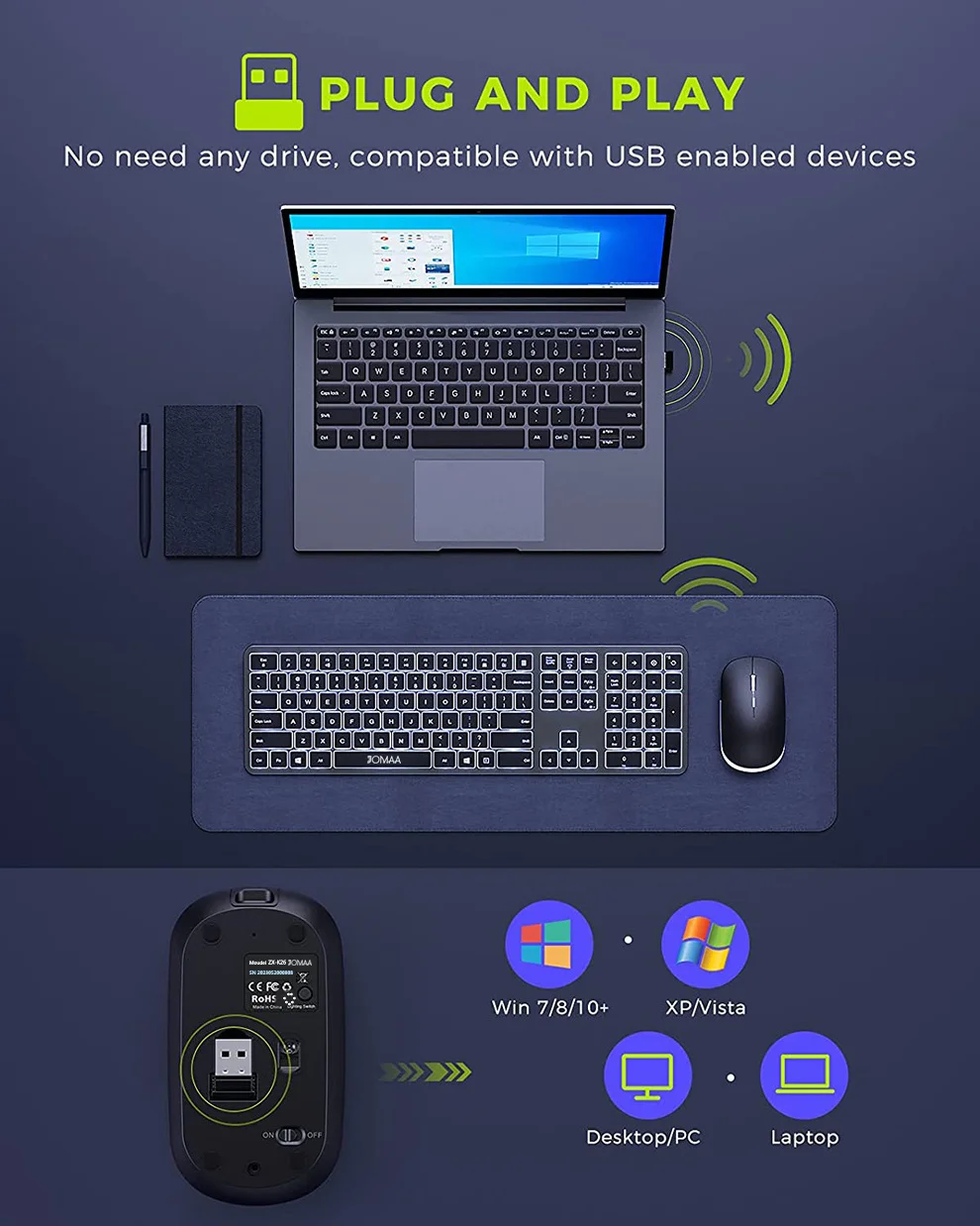 Wireless Rechargeable Ultra Slim Keyboard and Mouse Combo - Illuminated 24G USB Set