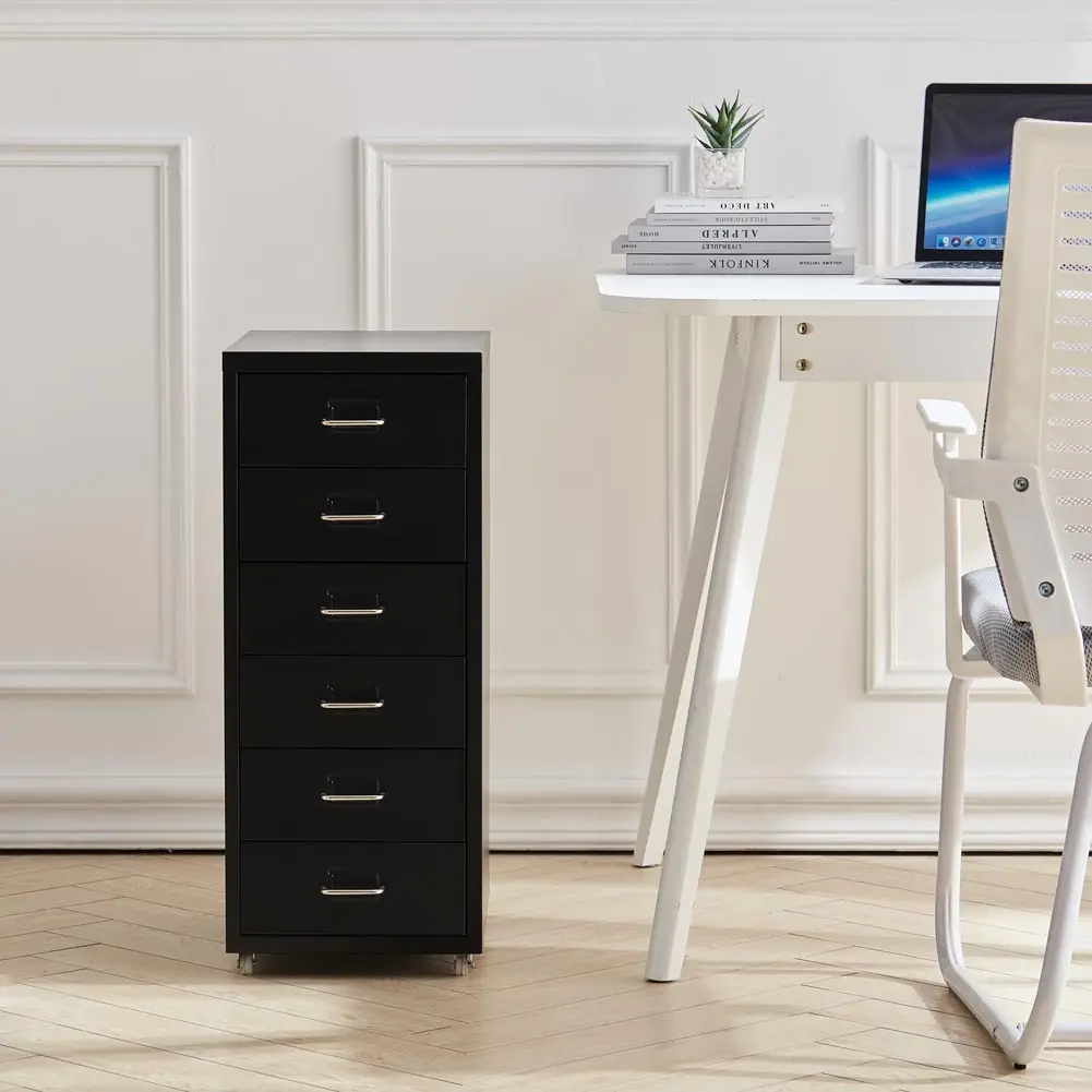 Office Metal Vertical File Cabinet with 6 Drawers on Wheels Storage Cabinet Bedroom Office Study Furniture