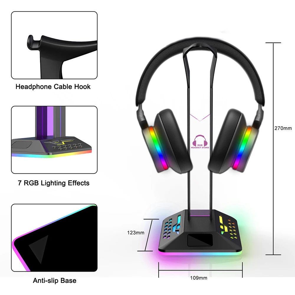 RGB Headphone Stand Dual Gaming Headset Holder Hanger Rack with 2USB Port  and 3.5mm Audio port, RGB LED Light Suitable for Most Headphones Gamer