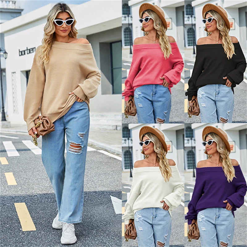 

Fall/winter 2023 New European and American Women's One-shoulder Solid Color Sweater Loose Oversized Sweater Women