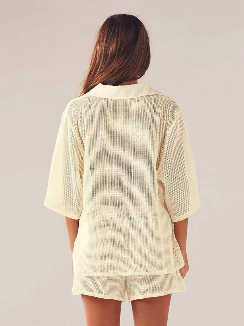 Marthaqiqi Loose Women Pajamas 2 Piece Set Turn-Down Collar Sleepwear Half Sleeve Nightwear Shorts Causal Ladies Nightgowns Suit