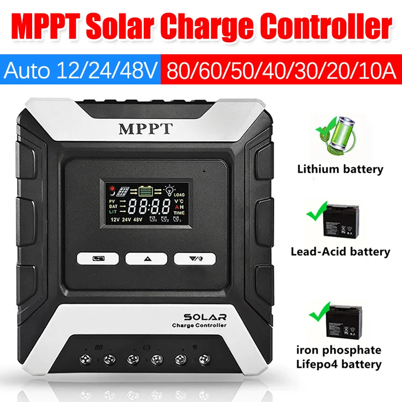 

80A 60A 50A 40A-10A MPPT Solar Charge Controller 12V 24V 48V Auto Solar Panel PV Regulator LCD USB for Lead-acid/Lithium Battery