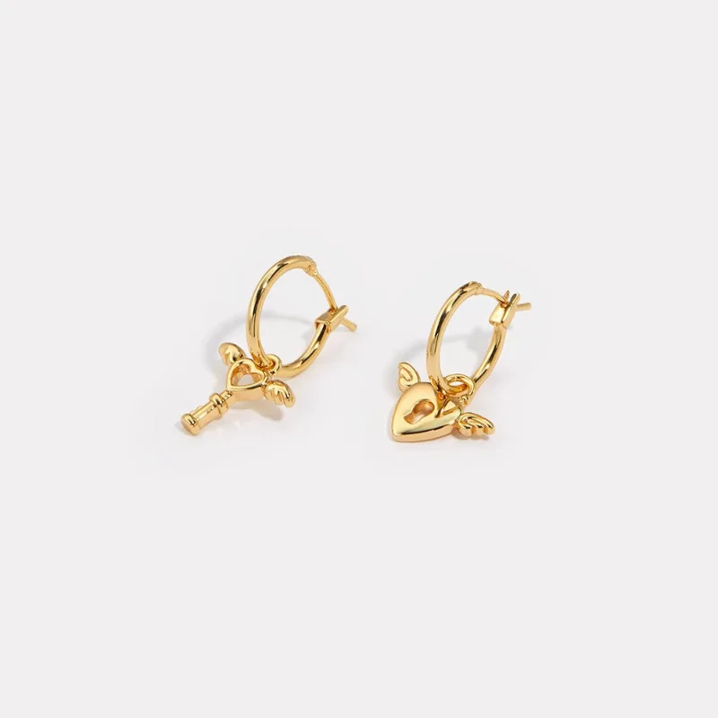 

New Trendy Silver Gold Color Drop Earrings Hoop Wing Key Lock Asymmetric For Women Girl Gift Fashion Jewelry Dropship Wholesale