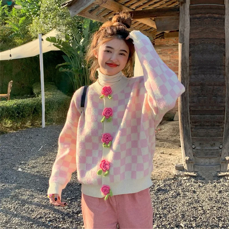 

Осенне-зимний свитер 2023, Милая модель, трехмерные цветы, Свободный вязаный кардиган, свитер, куртка для женщин