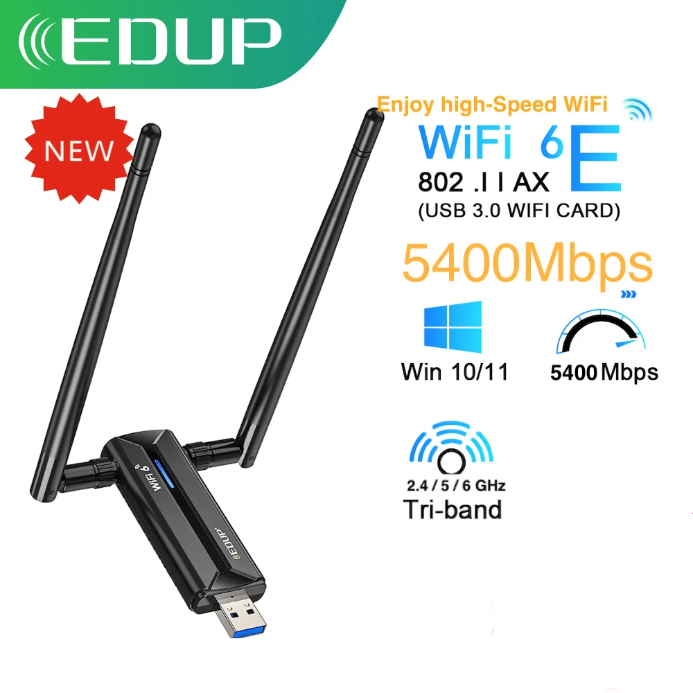 Edup-placa de Rede sem Fio Usb 3.0 Wifi 6e Tri Band 2.4g 5g 6ghz Adaptador Wifi 802.11ax Dongle de Antena de Alto Ganho