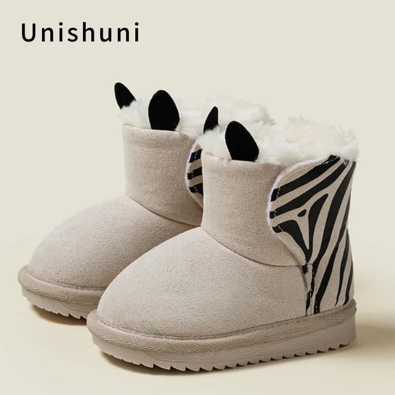 Unishuni Casual Comfort Snow Boots for Girls Boys Kids Non-Slip Plush Cold Weather Cute Ankle Boots Baby Children Cartoon Bootie