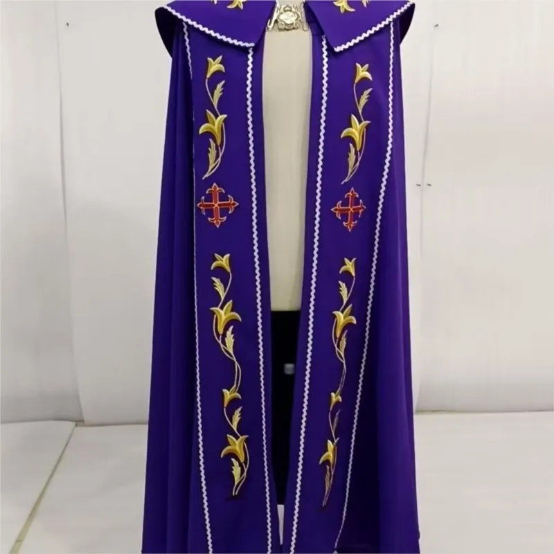 Mantello da Sacerdote Viola, Cappa da Pastore, Costume da Chiesa Cattolica, Gapi Vietnam, Costume da Spettacolo Ricamato con Cura
