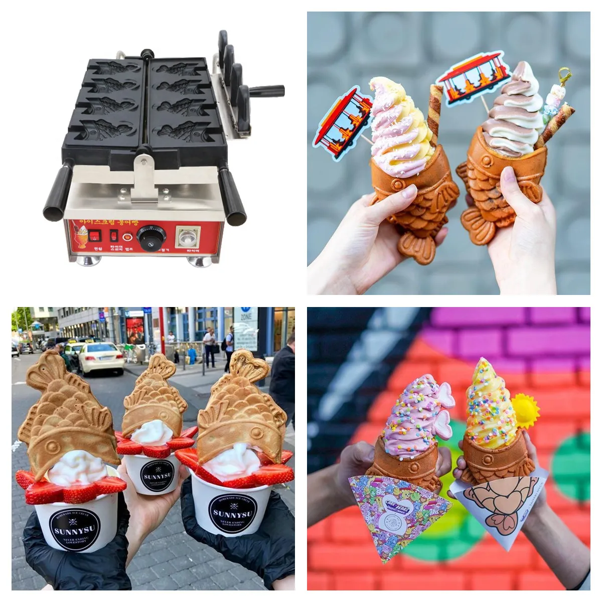 

4PCS Commercial Japanese Style Tail Wide Mouth Fill Delicious Ice Cream Fish Tongue Can Be Heated Taiyaki Waffle Maker Machine