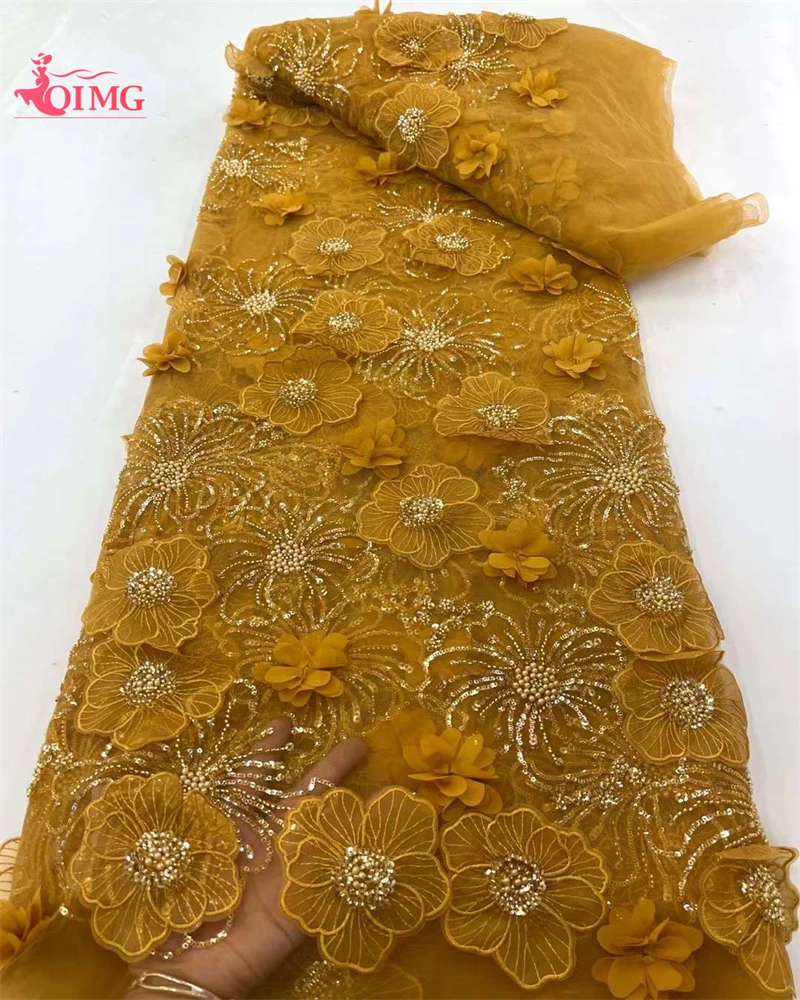 

OIMG Luxury French 3D Flower Beaded Tulle Lace Fabric Sequins Embroidery High Quality African Net Lace Fabrics For Wedding Dress