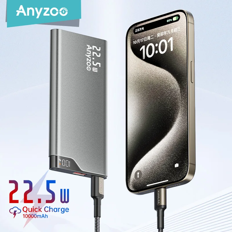 Anyzoo 22.5W Power Bank 10000mAh Portable Charger PowerBank Fast Charging External Battery For iPhone 17 16 15 batterie externe