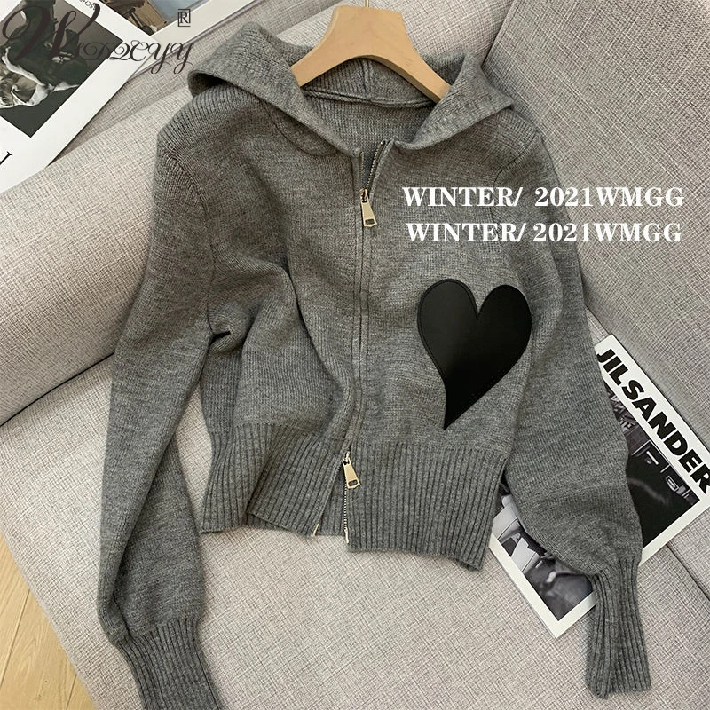 

Hooded Love Appliques Knitted Cardigans Korean Fashion Long Sleeve Zipper Up Sweater Top Fall Winter Basic Knitwear Cropped Coat