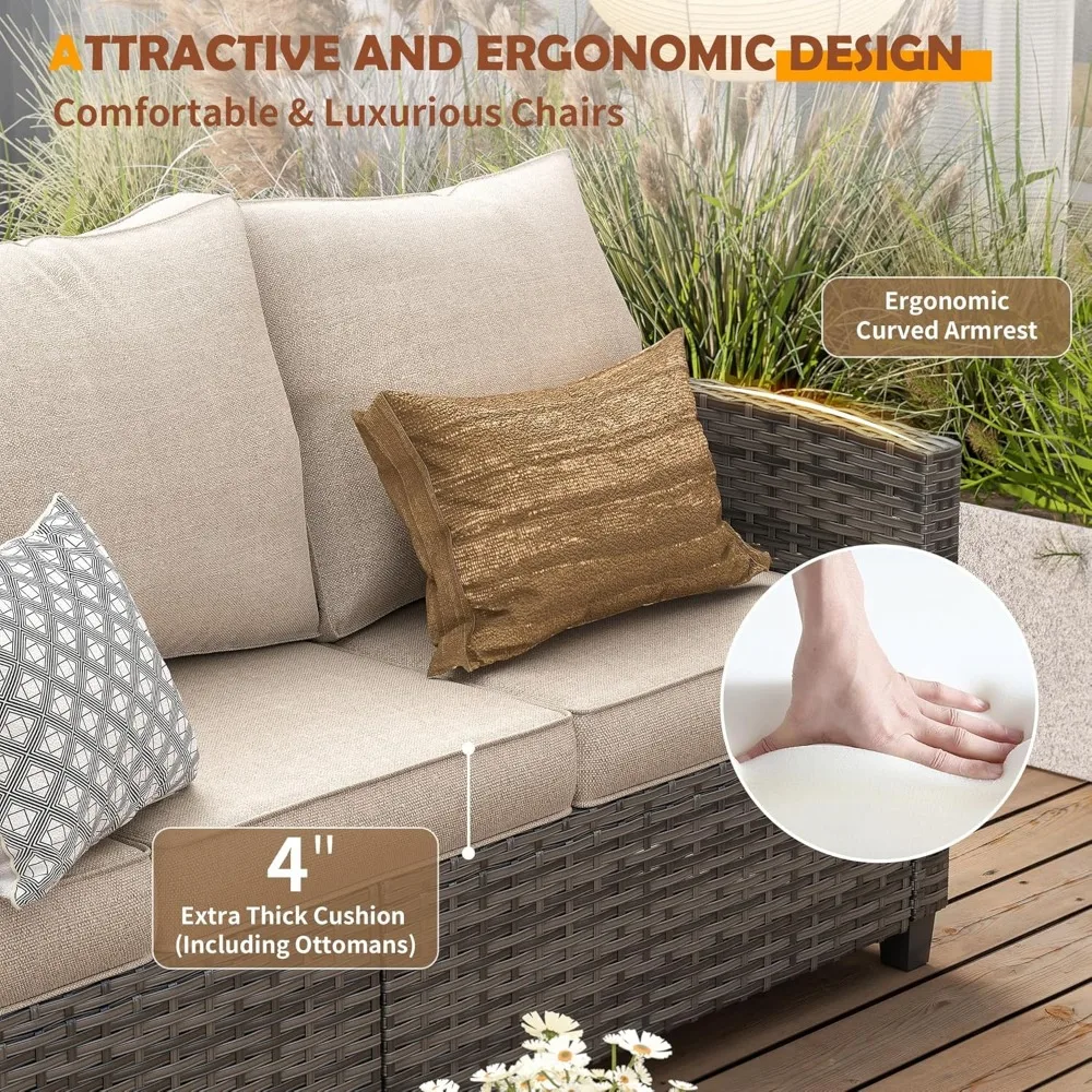 Patio Furniture Set with 44" Fire Pit Table, All-Weather Wicker Rattan Sofa Ottoman, 6 Pieces Outdoor Garden Sofa Sets 6