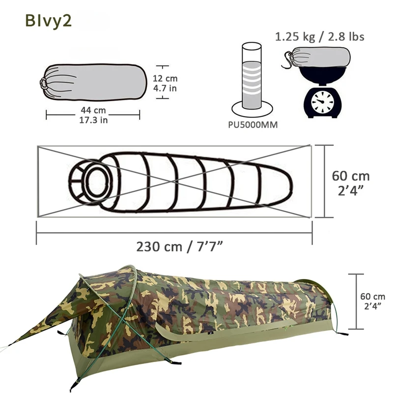 Single Person Camouflage Tunnel Tent Outdoor Camping Portable Lightweight Rainproof Nylon Fabric Aluminum Pole Double Zipper