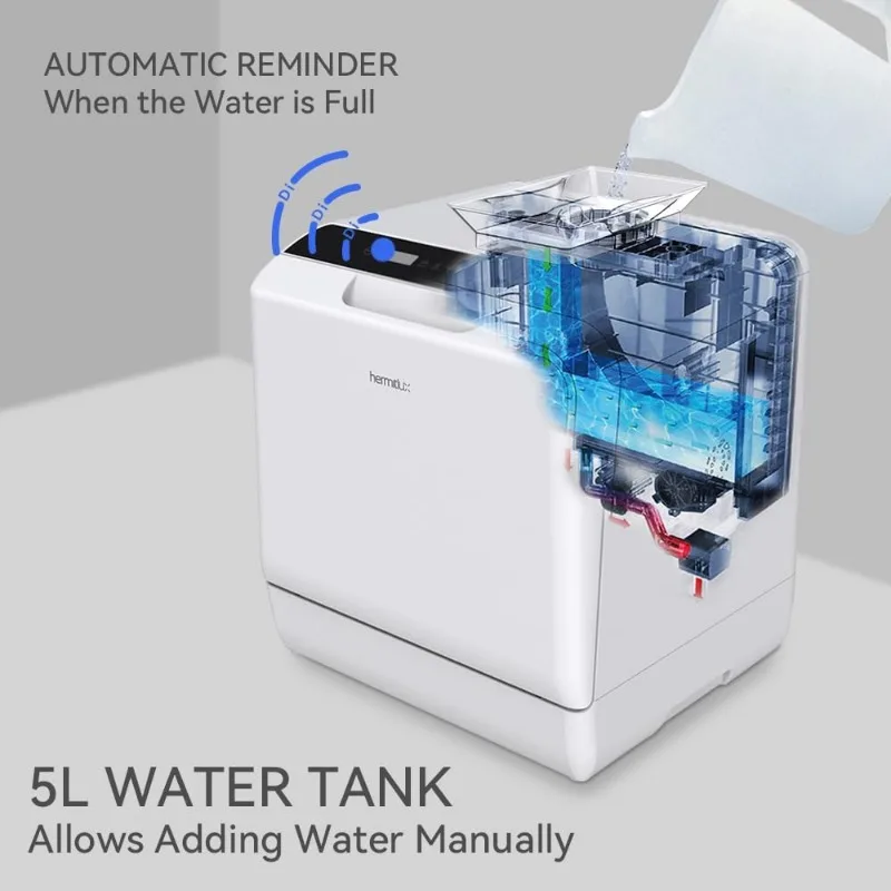 Hermitlux Countertop Dishwasher, 5 Washing Programs Portable Dishwasher With 5-Liter Built-in Water Tank, No Hookup Needed 5