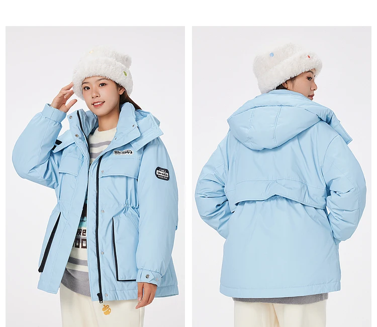 Metersbonwe Women's Jacket Puffer 90 White Duck Down Waist Drawstring Cargo Jackets Hooded Thickened Sporty Warm Wear Winter