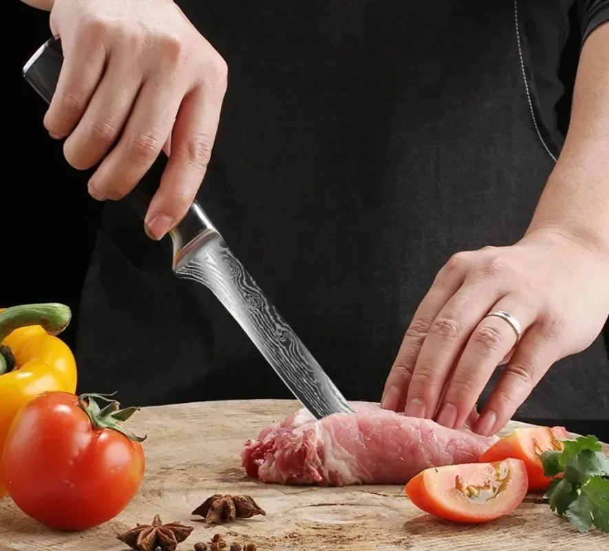 Kitchen Boning Knife Damascus Laser Pattern Butcher Knife Stainless Steel Bone Meat Fish Fruit Vegetables Chef with Cover kitchen knife