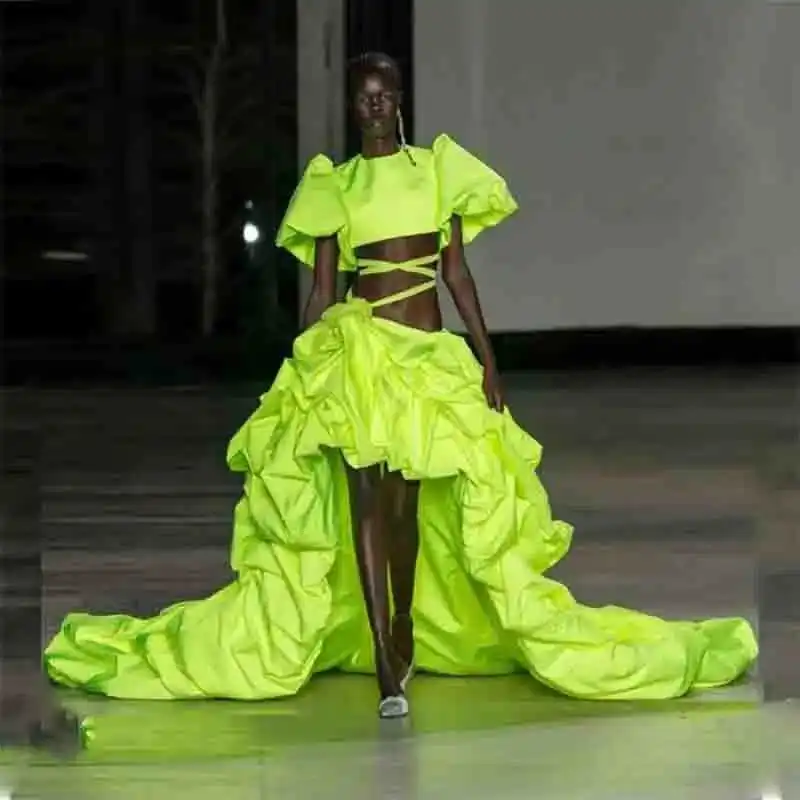 Neon Green Ruffles Prom Gowns 2024 Two Pieces Event Pretty Party Dresses High Low Fluorescent Maxi Dress for Photography