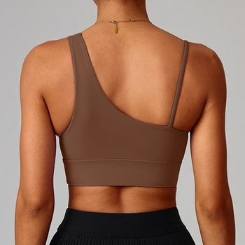 Solid Color Athletic One-Shoulder Gym Yoga Underwear Women Straps Fitness Sport Bra Top High Impact Push Up Top With Chest Pad