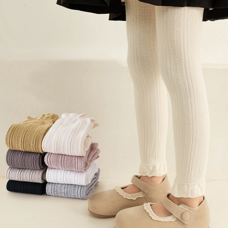 Spring Autumn Baby Girls Stretch Tight Leggings Cotton Solid Ruffle Ribbed Toddler Kid Pants for 1-8 years girl leggings kids tights