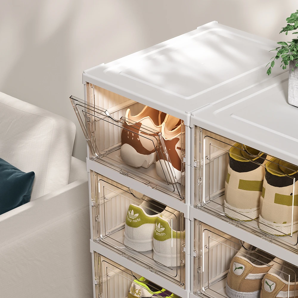 6 Door White Plastic Folding Shoe Box Stackable Free Standing Shoe Rack Resistant to Heavy Pressure Breathable Visible Box.