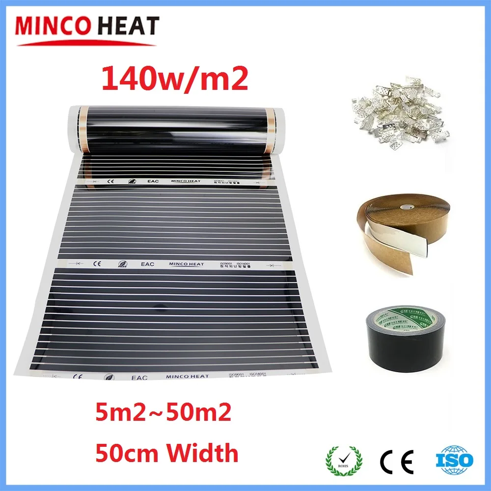 แผ่นทำความร้อนใต้พื้นอุ่นอินฟาเรด5 ~ 50m2 140W/M2แผ่นฟิล์มคาร์บอนไฟฟ้า AC220V กว้าง50cm 1