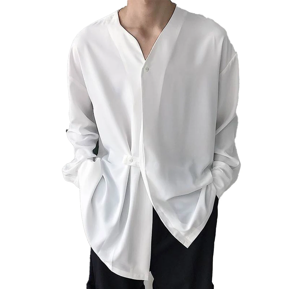 

Irregular Blouse Korean Long Sleeve Shirt For Evening Dress Brand New Collarless Polyester Solid Color For Men