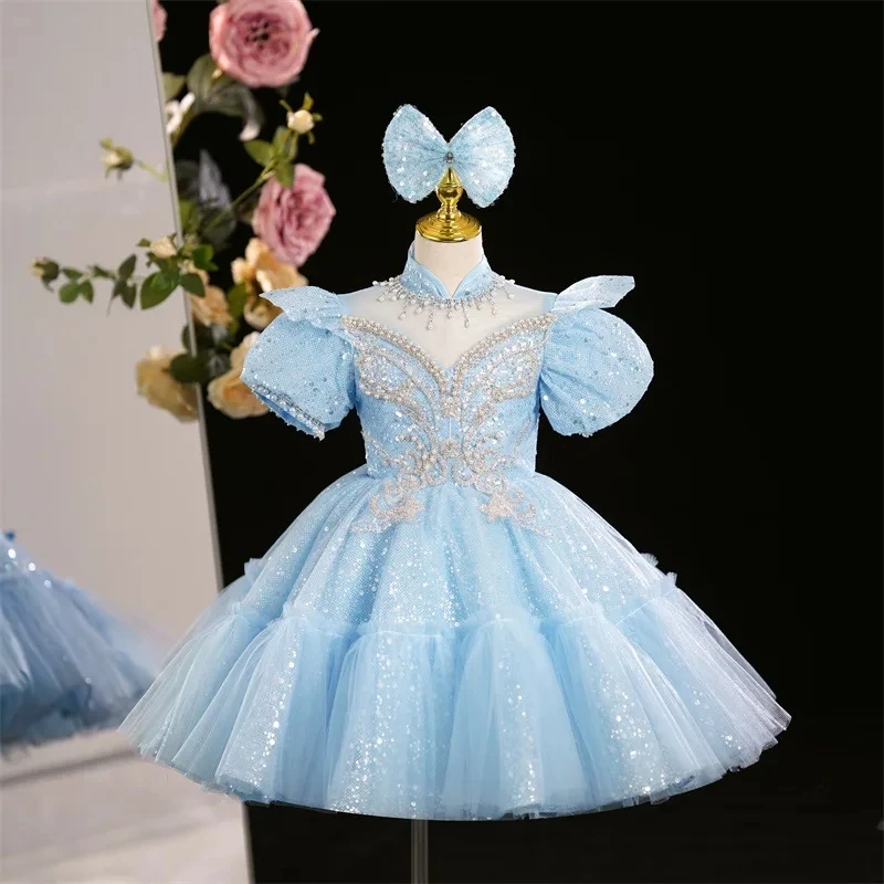 Sequin Short sleeve Infant Gown For Baby Girls 1st Birthday Party Princess Dresses Children Baptism Christening Banquet Clothin