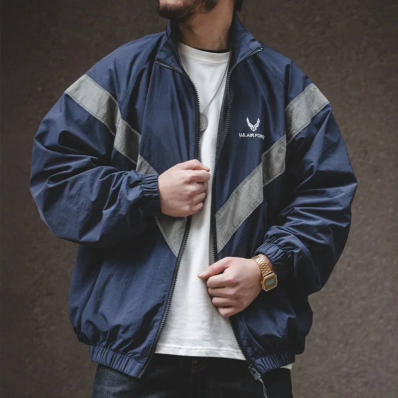 

Maden ARMY Bomber Jackets For Men Vintage Training Suit Vibe Wind Reflective Hooded Quick-drying Jacket Male Blue