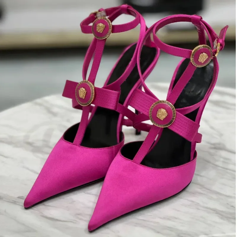 

Women's Sexy Thin High Heel Metal Buckle Bow Tie Sandals, European and American Fashion Spicy Girl Show Shoes, Banquet Shoes