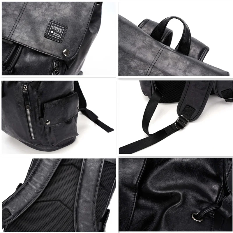 Fashion Student Schoolbag Computer Bag Men's Backpack PU Leather Backpacks Man High Capacity Travel Bag Softback Bookbag Male 6