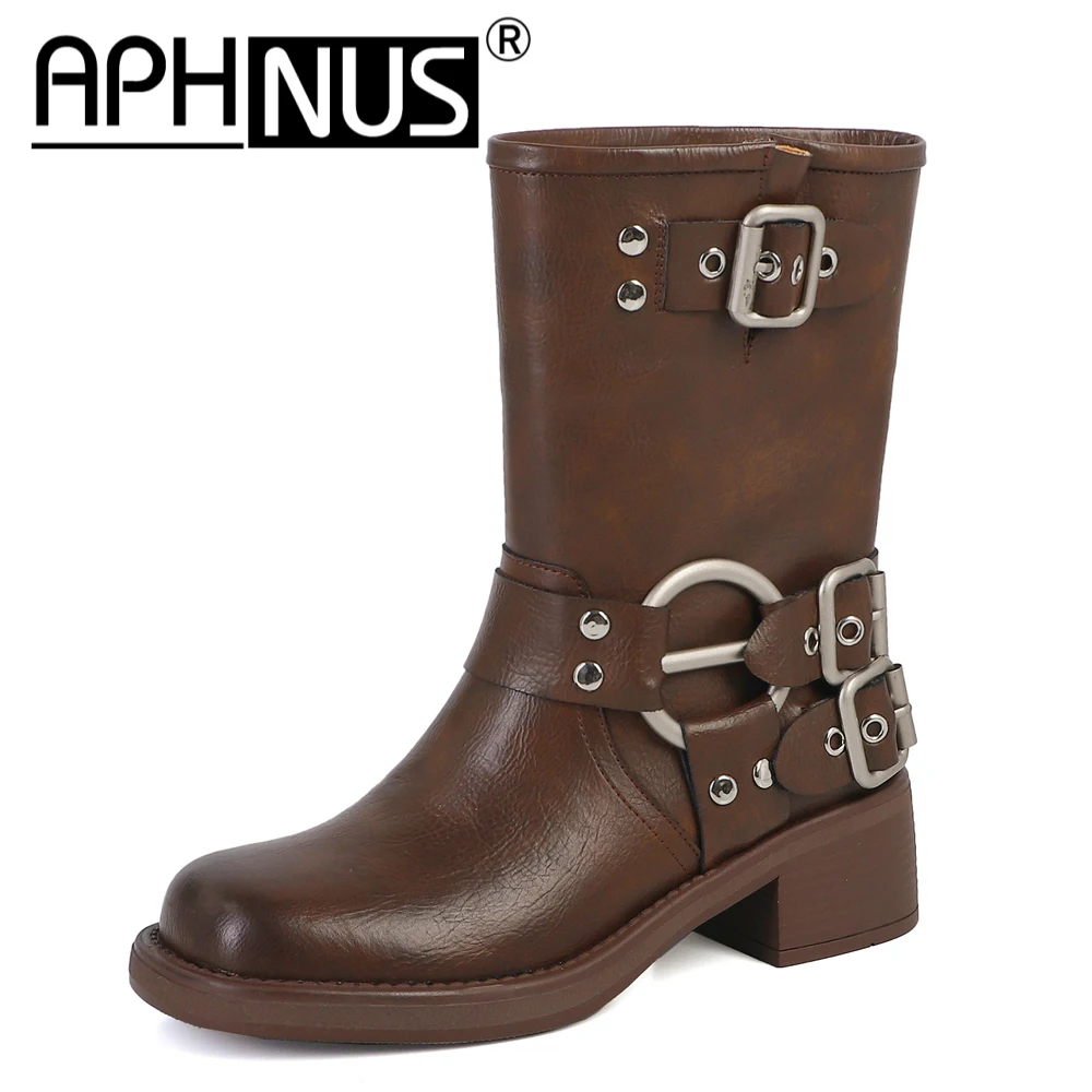 

APHNUS Womens Boots Leather Motorcycle Tall Over The Knee Thigh High Low Mid Heels Pumps Boots Woman 2023 Shoes For Women Boot