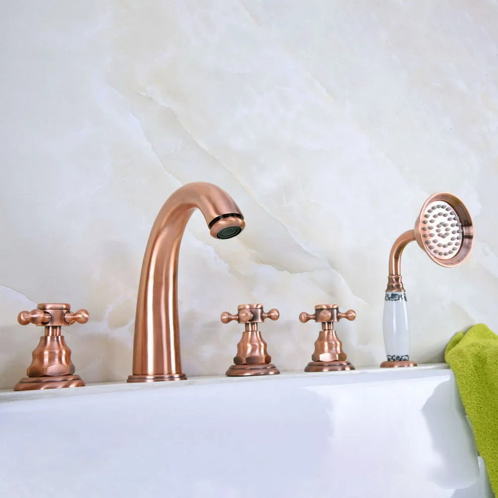 Bathroom Bathtub Faucet Antique Red Copper 5 Hole Bathroom Faucet Set Hot Cold Mixer Tap with Handheld Shower ztf240