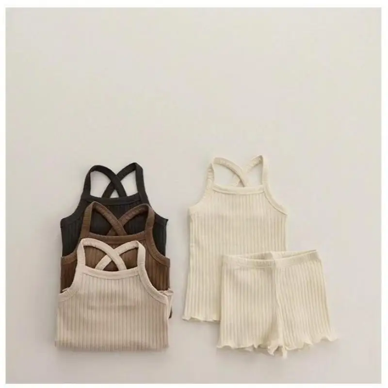 

Summer New Baby Sleeveless Sling Vest Set Boy Girl Simple Versatile Shorts Suit Toddler Cool Breathable Infant Cotton Outfits