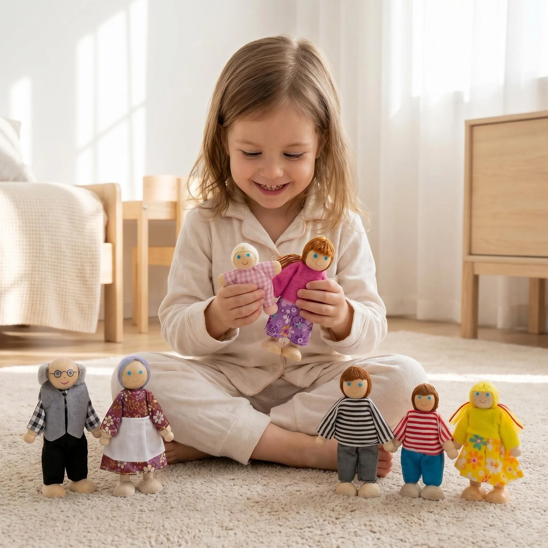 Miniature Wooden Family Dolls Set with Furniture Toy for Kids Children's Dollhouse Play Toy Gift for Boys & Girls - 3