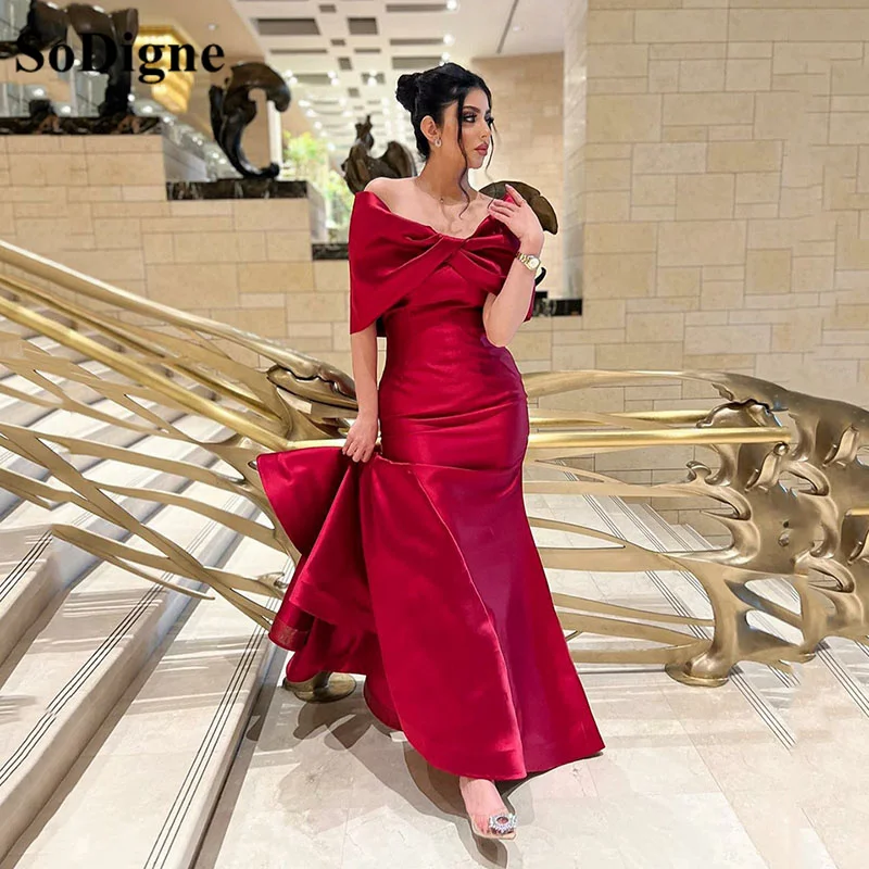 

SoDigne Burgundy Saudi Arabic Mermaid Evening Dresses Off the Shoulder Satin Prom Dress Dubai Women Formal Party Gowns