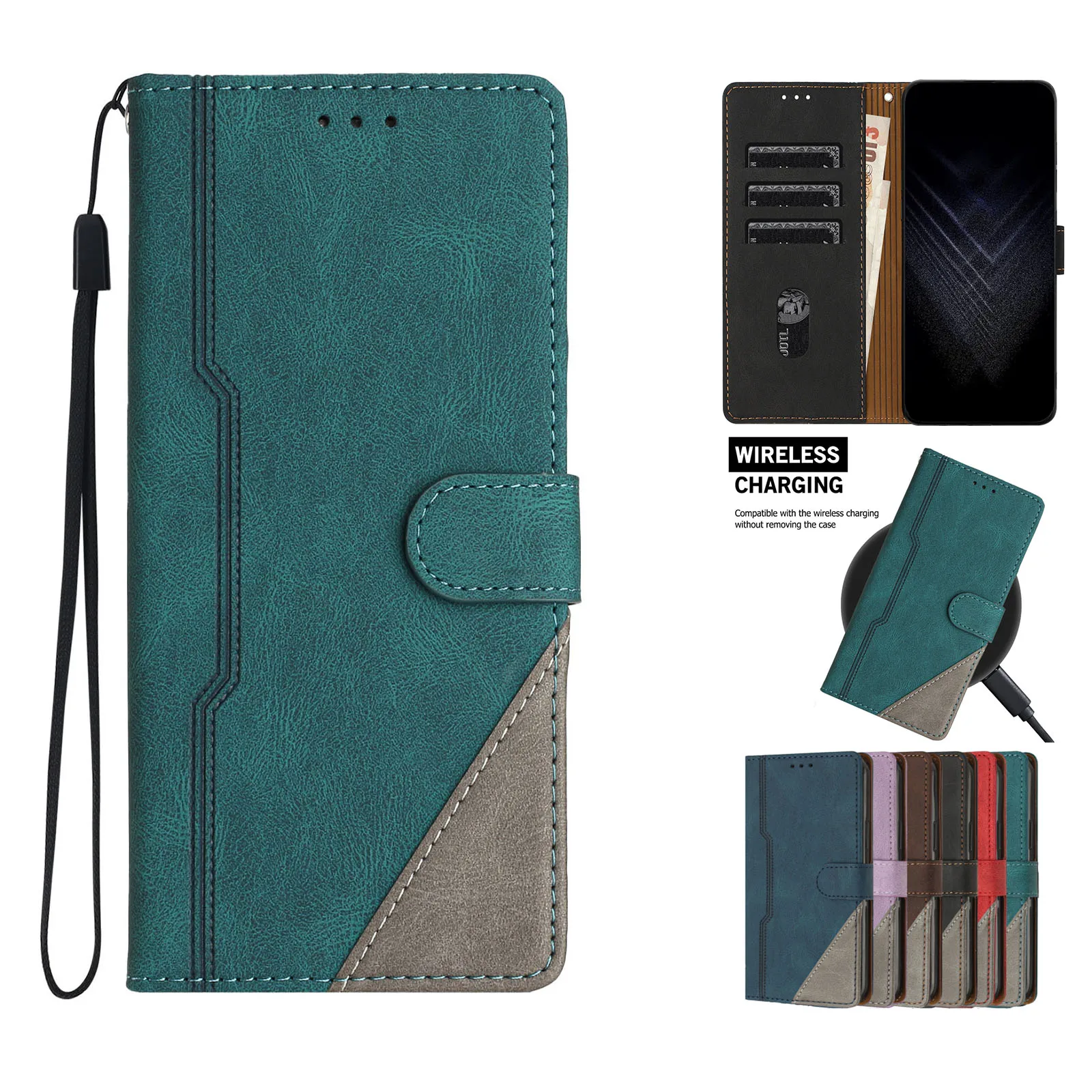 Dual-Tone Leather Flip Wallet Case with Wireless Charging and Card Slots