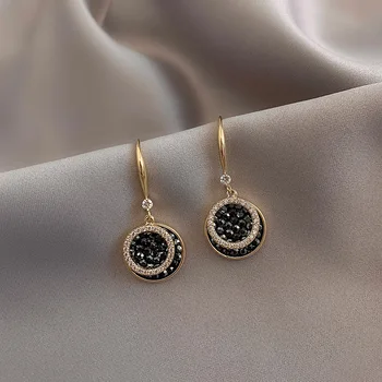 Vintage Fashion Black Crystal Round Pendant Earrings For Women Korean Jewelry Wedding Party Girls Luxury Zircon Drop Earrings 1