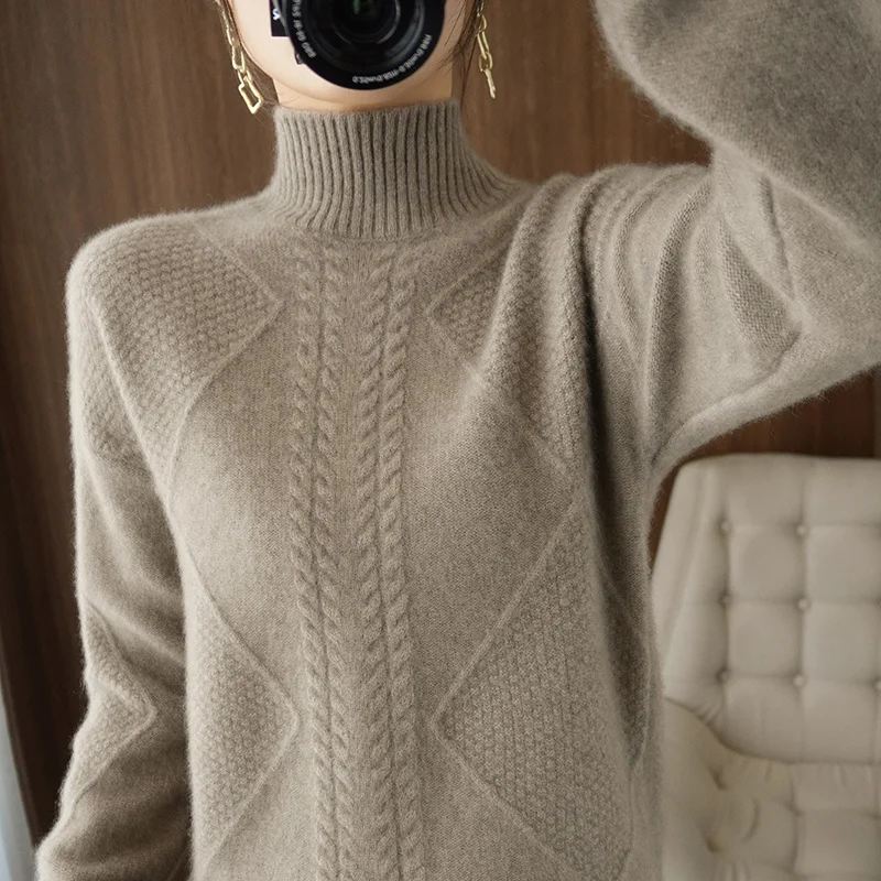 

autumn 2023 and winter new 100% pure wool women half high collar thickened loose knit bottom cashmere sweater