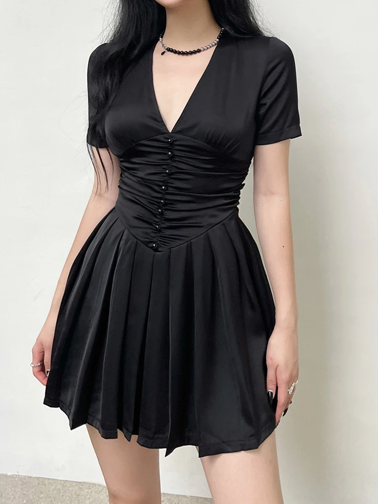 

V Neck Chic Black Corset Pleated Female Dress Mini Fashion Elegant Ruched Sexy Summer Dresses Solid Party Sundress