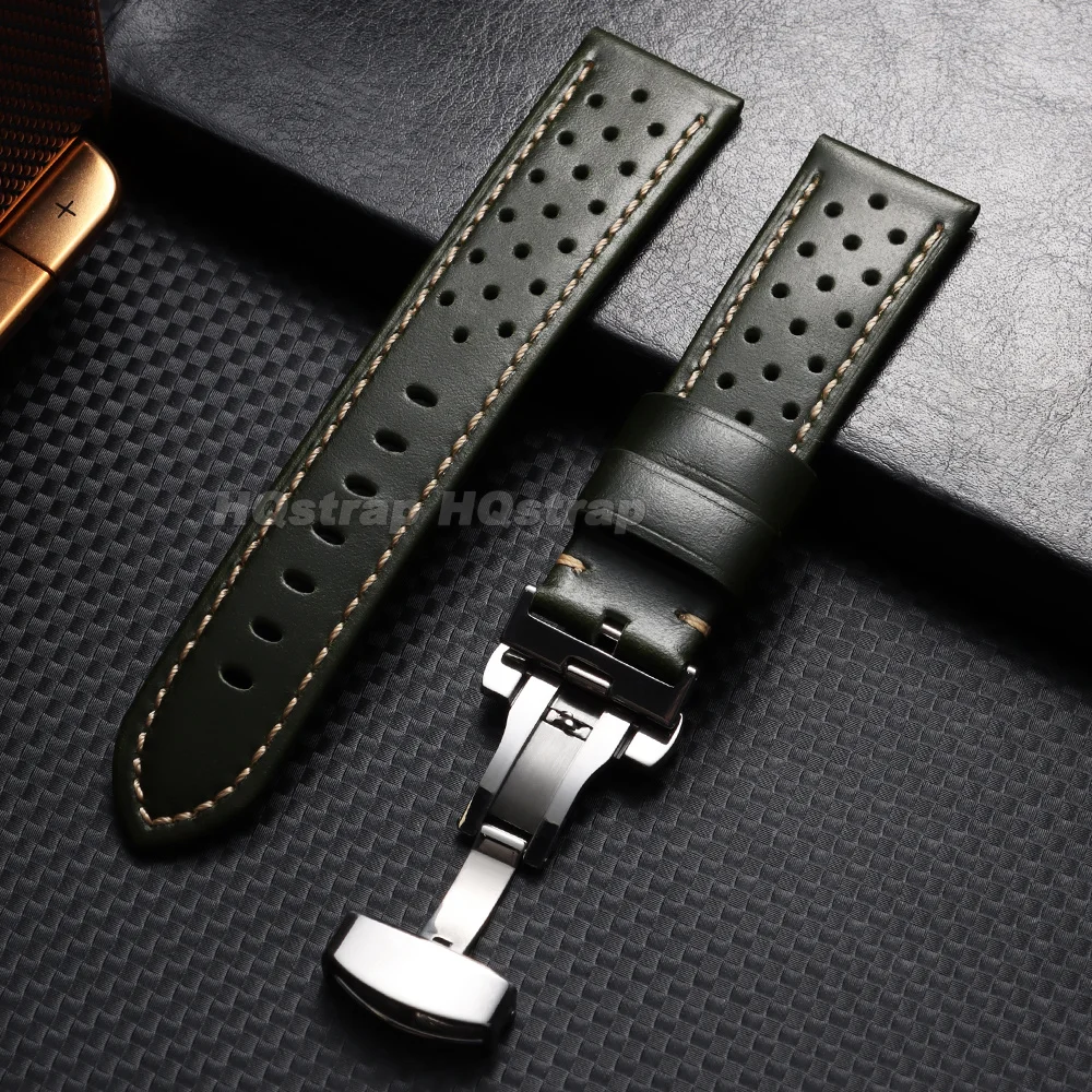 Vintage Racing Style Perforated Leather Watch Strap with Butterfly Clasp
