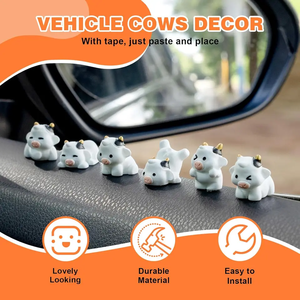 6 pezzi di decorazioni per cruscotto per auto con mucca carina, porta per auto, specchietto retrovisore, ornamento, accessori interni per l'home office  34