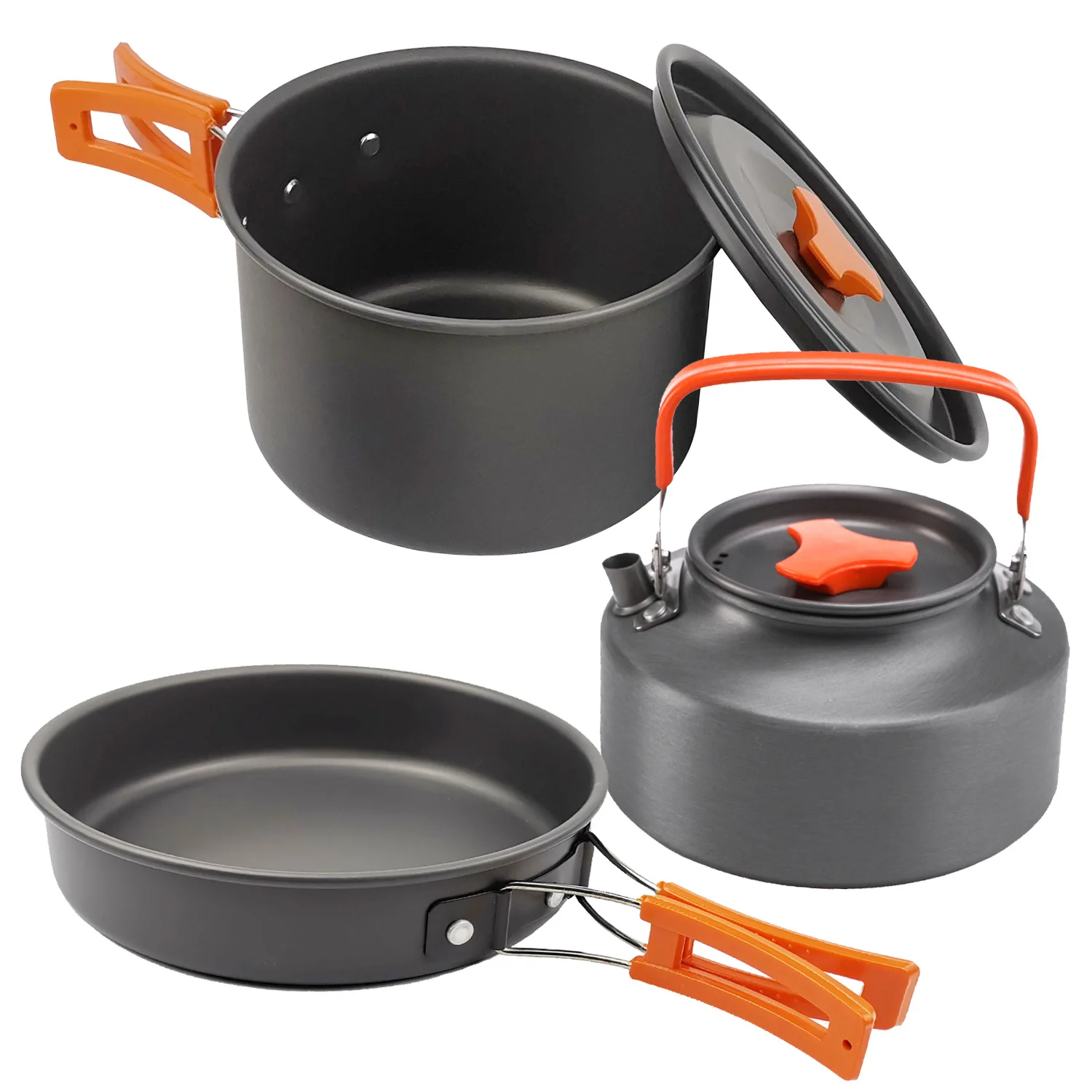 3 Pieces Portable Folding Alumina Utensils Outdoor Cooking Equipment PotTeapot Kettle Aluminum Camping Cookware Set