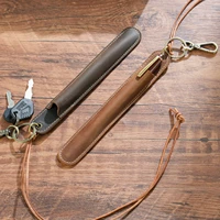 Genuine Leather Lanyard Pen Holder Portable Single Pencil Case Vintage Pen Pouch Sleeve Pen Protective Cover with Keychain 1