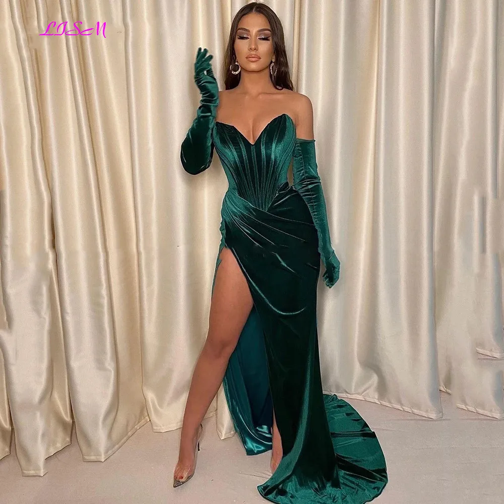 

Emerald Green Velour Prom Dresses Sexy High Slit Mermaid Evening Dress Winter Long Velvet Party Gowns Robe de Soiree