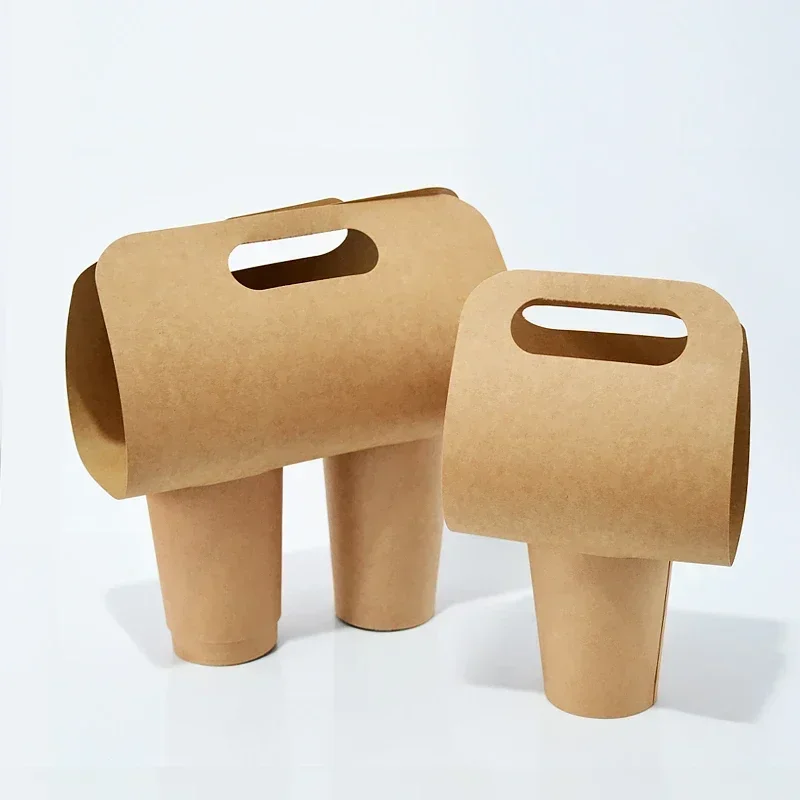50pcs Disposable Milk Tea Handheld Cup Holder Thick Kraft Paper Takeaway Portable Packaging Creative Coffee Paper Cup Handle