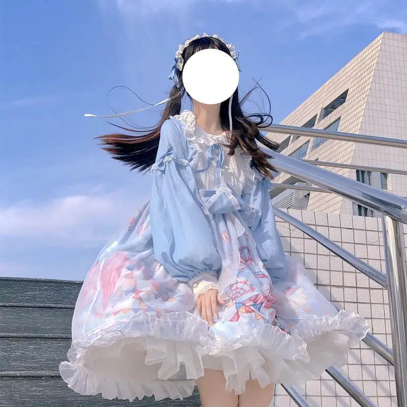 

Anime Lolita Cosplay Dress Gothic Kawaii Cute Lady Student Dress Lace Decorated Evening Gown Bow Maid Costume Full Set Clothing