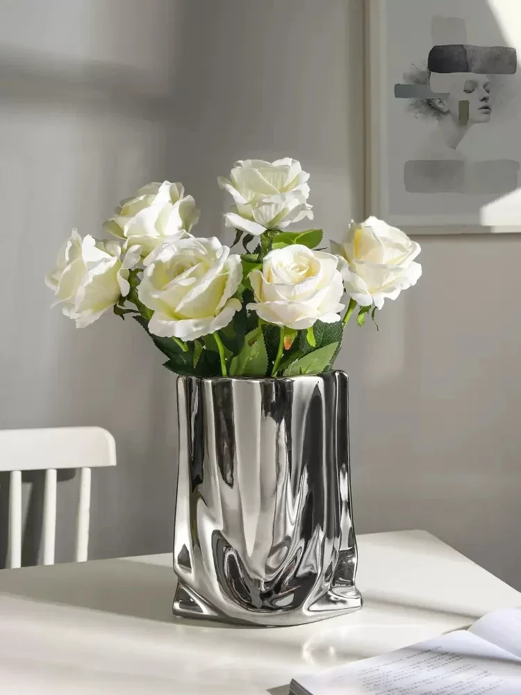 

Living Silver Decoration Accessories Hotel Plant Room Plated Floral Vase Art Pot Home Arrangement Ceramic Flower Gold